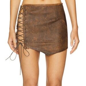 1XBlue Leather Lace Up Skirt micro mini Brown low rise corset Revolve NWT M
